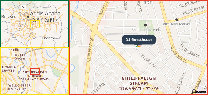 Map showing the address of DS Guesthouse in three different zoom levels.