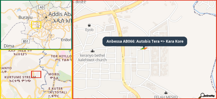 Map showing the address of Anbessa AB066: Autobis Tera => Kara Kore in three different zoom levels.