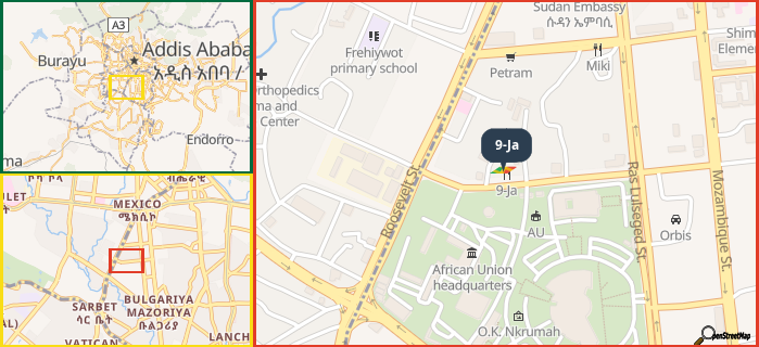 Map showing the address of 9-Ja in three different zoom levels.