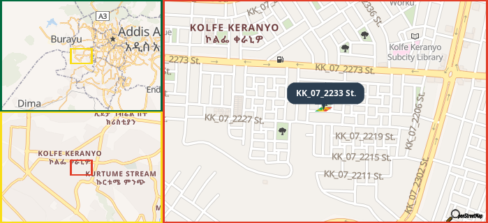 Map showing the address of KK_07_2233 St. in three different zoom levels.