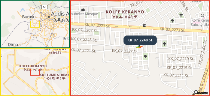 Map showing the address of KK_07_2248 St. in three different zoom levels.