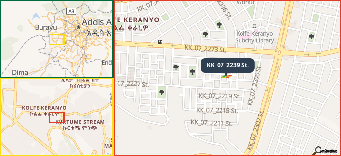 Map showing the address of KK_07_2239 St. in three different zoom levels.