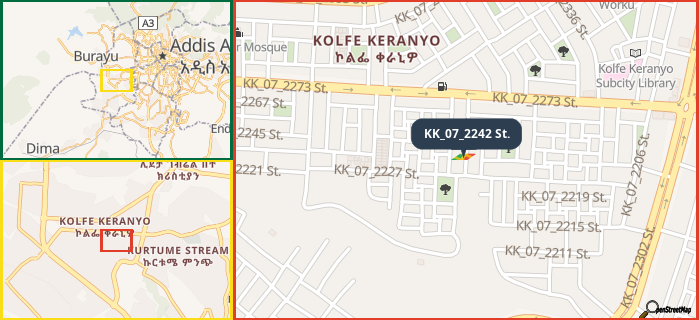 Map showing the address of KK_07_2242 St. in three different zoom levels.