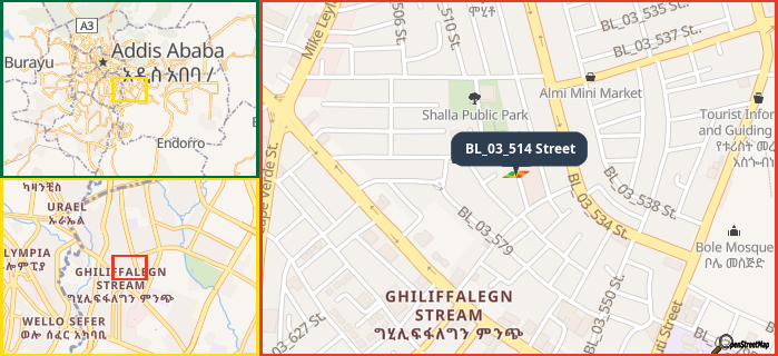 Map showing the address of BL_03_514 Street in three different zoom levels.