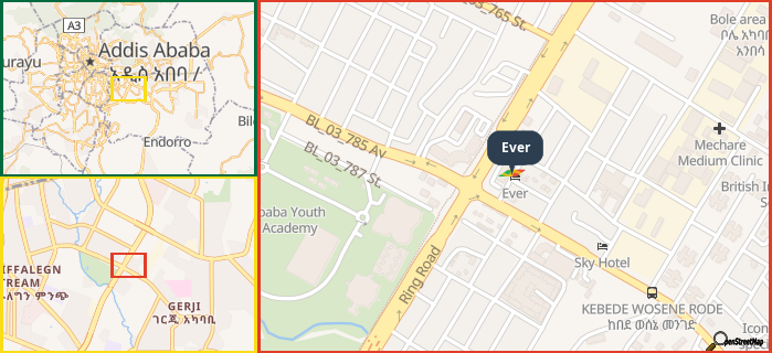 Map showing the address of Ever in three different zoom levels.