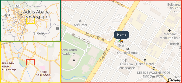 Map showing the address of Home in three different zoom levels.