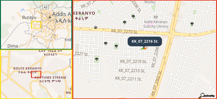 Map showing the address of KK_07_2216 St. in three different zoom levels.