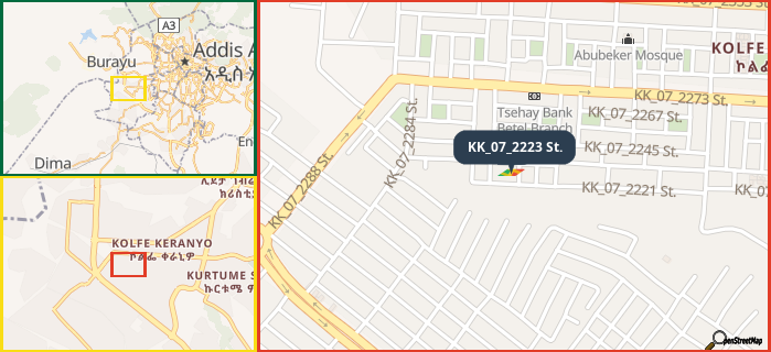 Map showing the address of KK_07_2223 St. in three different zoom levels.