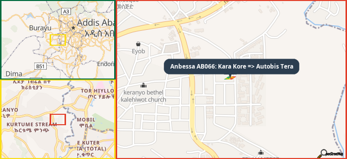 Map showing the address of Anbessa AB066: Kara Kore => Autobis Tera in three different zoom levels.