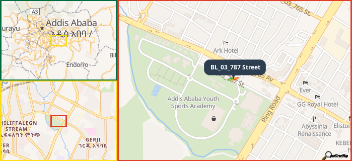 Map showing the address of BL_03_787 Street in three different zoom levels.