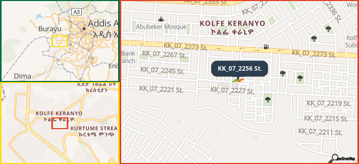 Map showing the address of KK_07_2256 St. in three different zoom levels.