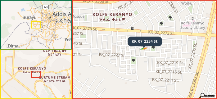 Map showing the address of KK_07_2234 St. in three different zoom levels.