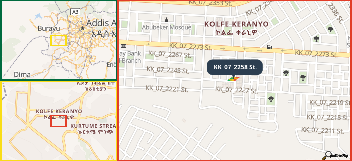 Map showing the address of KK_07_2258 St. in three different zoom levels.