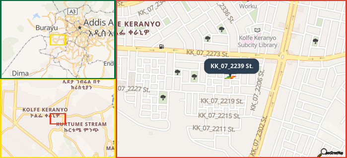 Map showing the address of KK_07_2239 St. in three different zoom levels.