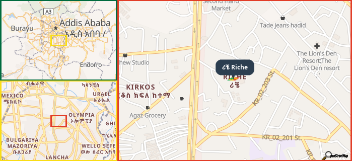 Map showing the address of ሪቼ Riche in three different zoom levels.