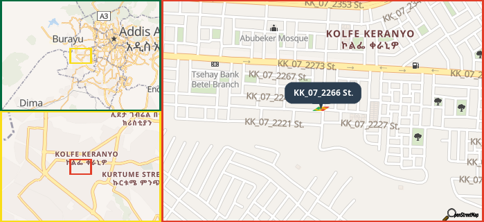 Map showing the address of KK_07_2266 St. in three different zoom levels.