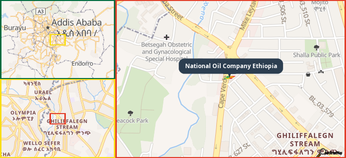 Map showing the address of National Oil Company Ethiopia in three different zoom levels.