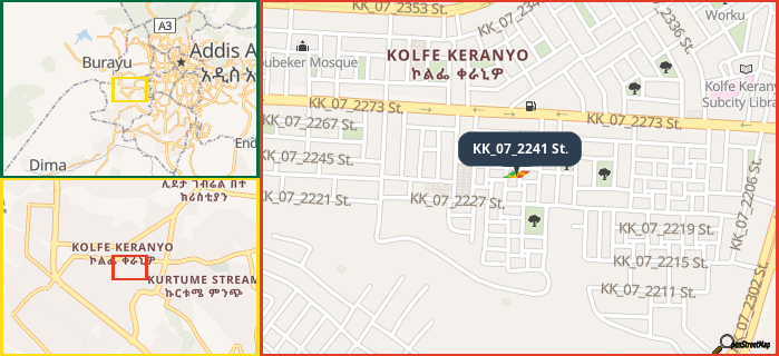 Map showing the address of KK_07_2241 St. in three different zoom levels.