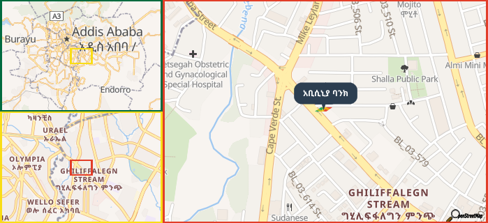 Map showing the address of አቢሲኒያ ባንክ in three different zoom levels.