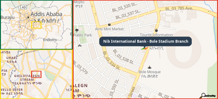 Map showing the address of Nib International Bank - Bole Stadium Branch in three different zoom levels.