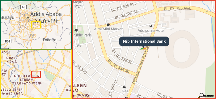 Map showing the address of Nib International Bank in three different zoom levels.