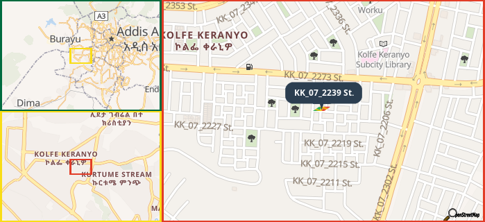 Map showing the address of KK_07_2239 St. in three different zoom levels.