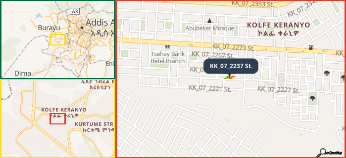 Map showing the address of KK_07_2237 St. in three different zoom levels.