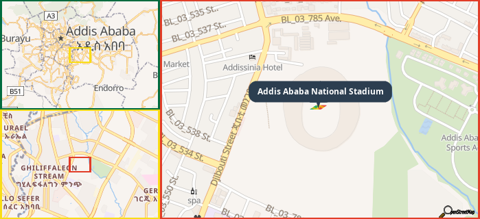 Map showing the address of Addis Ababa National Stadium in three different zoom levels.
