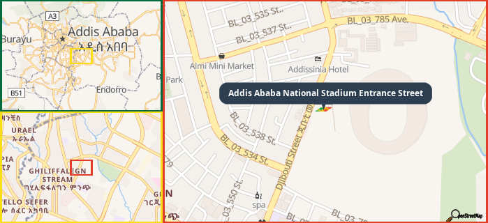 Map showing the address of Addis Ababa National Stadium Entrance Street in three different zoom levels.