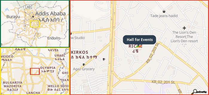 Map showing the address of Hall for Events in three different zoom levels.