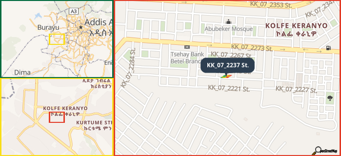 Map showing the address of KK_07_2237 St. in three different zoom levels.