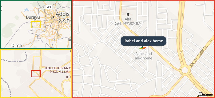 Map showing the address of Rahel and alex home in three different zoom levels.