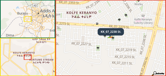 Map showing the address of KK_07_2238 St. in three different zoom levels.