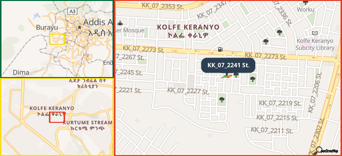 Map showing the address of KK_07_2241 St. in three different zoom levels.