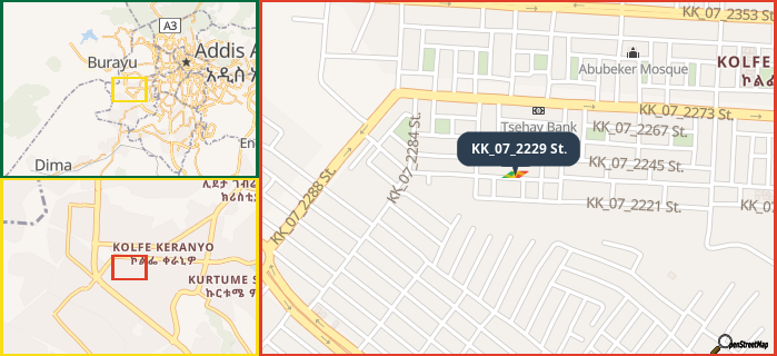 Map showing the address of KK_07_2229 St. in three different zoom levels.