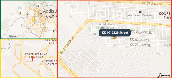 Map showing the address of KK_07_2229 Street in three different zoom levels.
