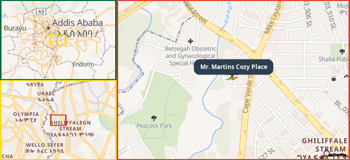 Map showing the address of Mr. Martins Cozy Place in three different zoom levels.