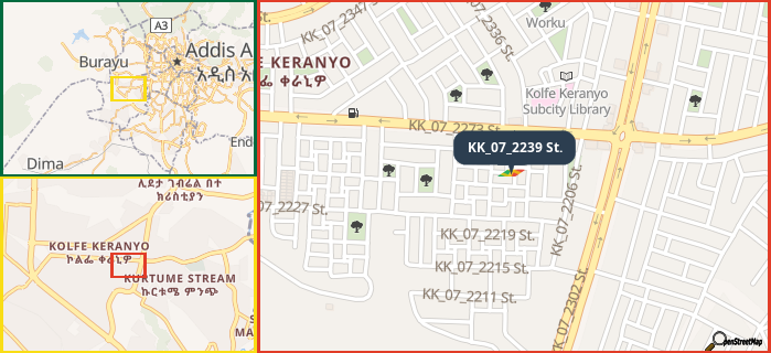 Map showing the address of KK_07_2239 St. in three different zoom levels.