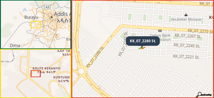 Map showing the address of KK_07_2280 St. in three different zoom levels.