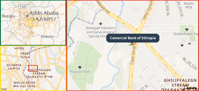 Map showing the address of Comercial Bank of Ethiopia in three different zoom levels.