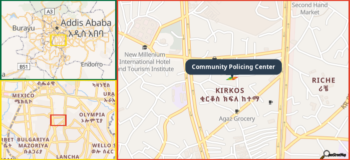 Map showing the address of Community Policing Center in three different zoom levels.