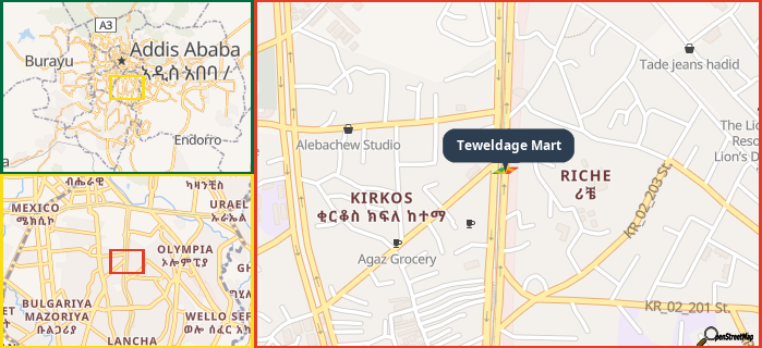 Map showing the address of Teweldage Mart in three different zoom levels.