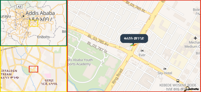 Map showing the address of ቀለበት መንገድ in three different zoom levels.