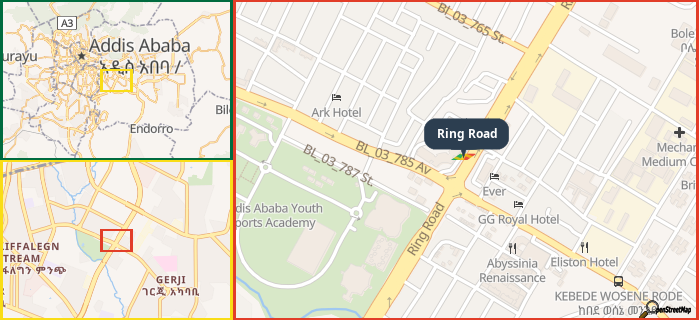 Map showing the address of Ring Road in three different zoom levels.