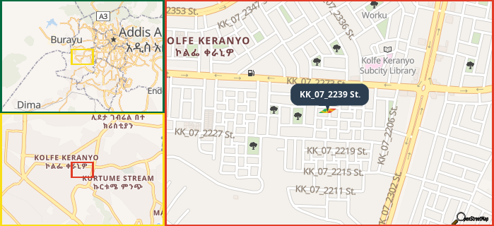 Map showing the address of KK_07_2239 St. in three different zoom levels.