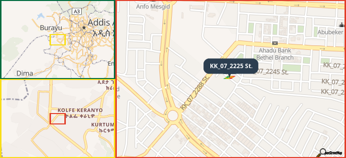 Map showing the address of KK_07_2225 St. in three different zoom levels.