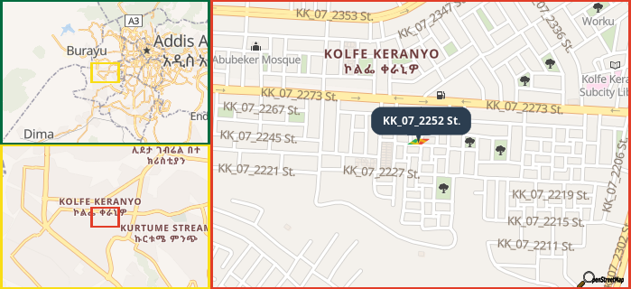 Map showing the address of KK_07_2252 St. in three different zoom levels.