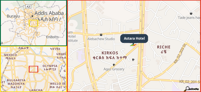 Map showing the address of Astara Hotel in three different zoom levels.