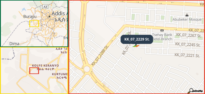 Map showing the address of KK_07_2229 St. in three different zoom levels.