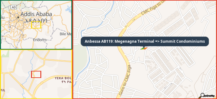 Map showing the address of Anbessa AB119: Megenagna Terminal => Summit Condominiums in three different zoom levels.